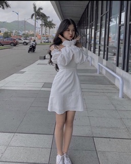 🌟Đầm Trắng Rớt Vai Tay Bo( Có Đệm Ngực)
