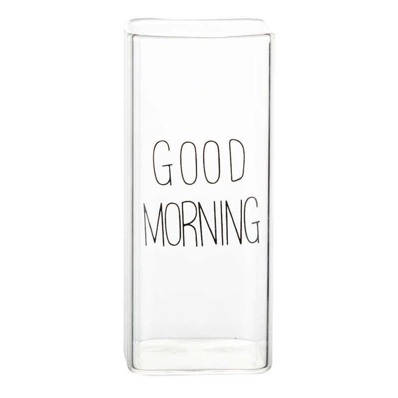 Cốc thủy tinh vuông Good Morning 400ml chịu nhiệt Ly thủy tinh uống trà cafe sữa giá rẻ decor đẹp.