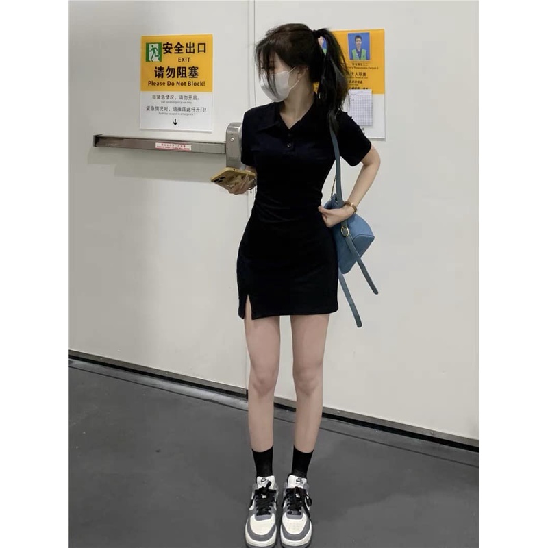 Váy Polo Body Tay Ngắn, Đầm Suông Nữ Xẻ Đùi Cổ V Dáng Ôm Ngắn Thể Thao Sexy V092
