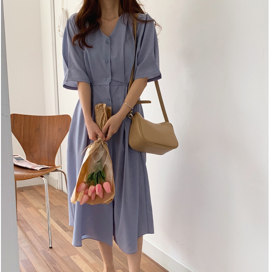 Đầm Ngắn Tay Trơn Màu Xinh Xắn Dành Cho Nữ 42575