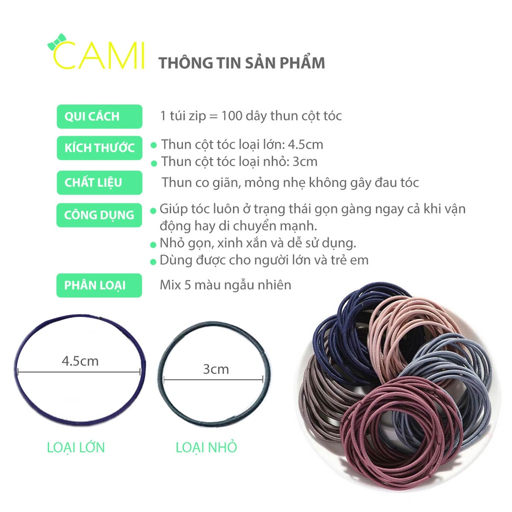 1 túi zip = 100 cái thun cột tóc mix màu ngẫu nhiên đơn giản, thẩm mỹ dùng cho các bé gái và người lớn - Cami - CMPK258