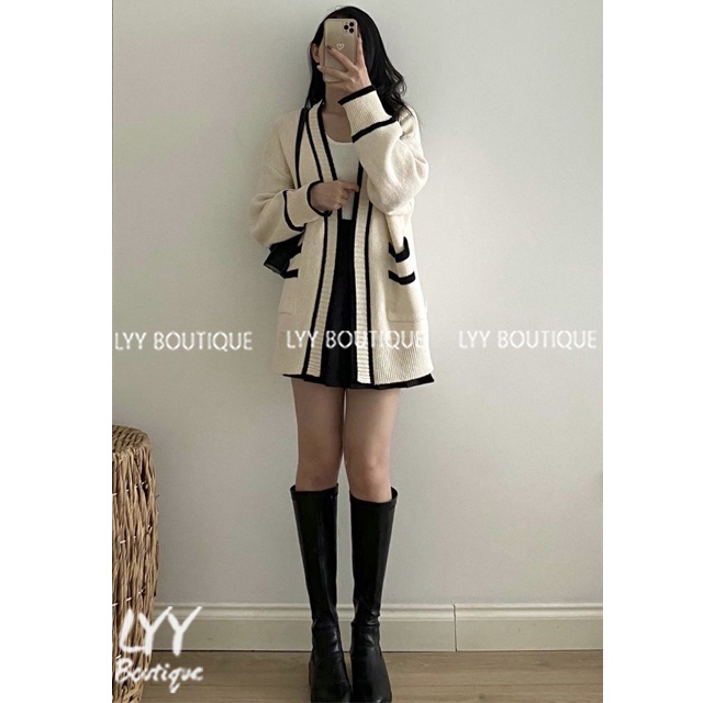 Áo cardigan len trơn viền nổi không cúc 2 túi trước 2 màu đen trắng LYY BOUTIQUE | BigBuy360 - bigbuy360.vn