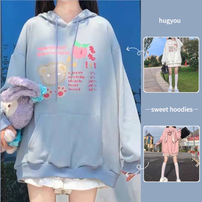 Áo Hoodie Dáng Rộng Đính Tai Thỏ Dễ Thương Cho Nữ