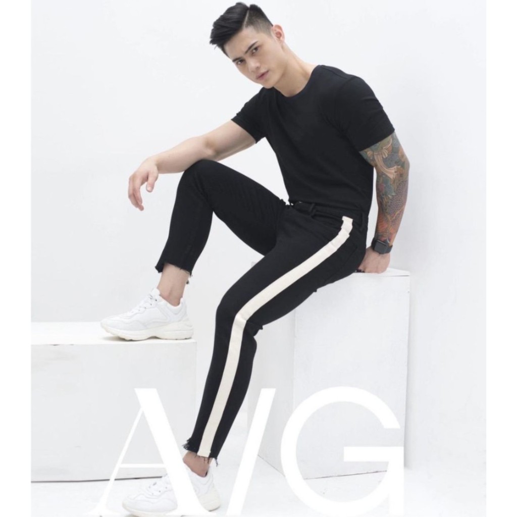 Quần jean nam đen kẻ sọc tua lai chất bò co dãn form dáng body mẫu mới nhất cao cấp N77FA SHION | BigBuy360 - bigbuy360.vn