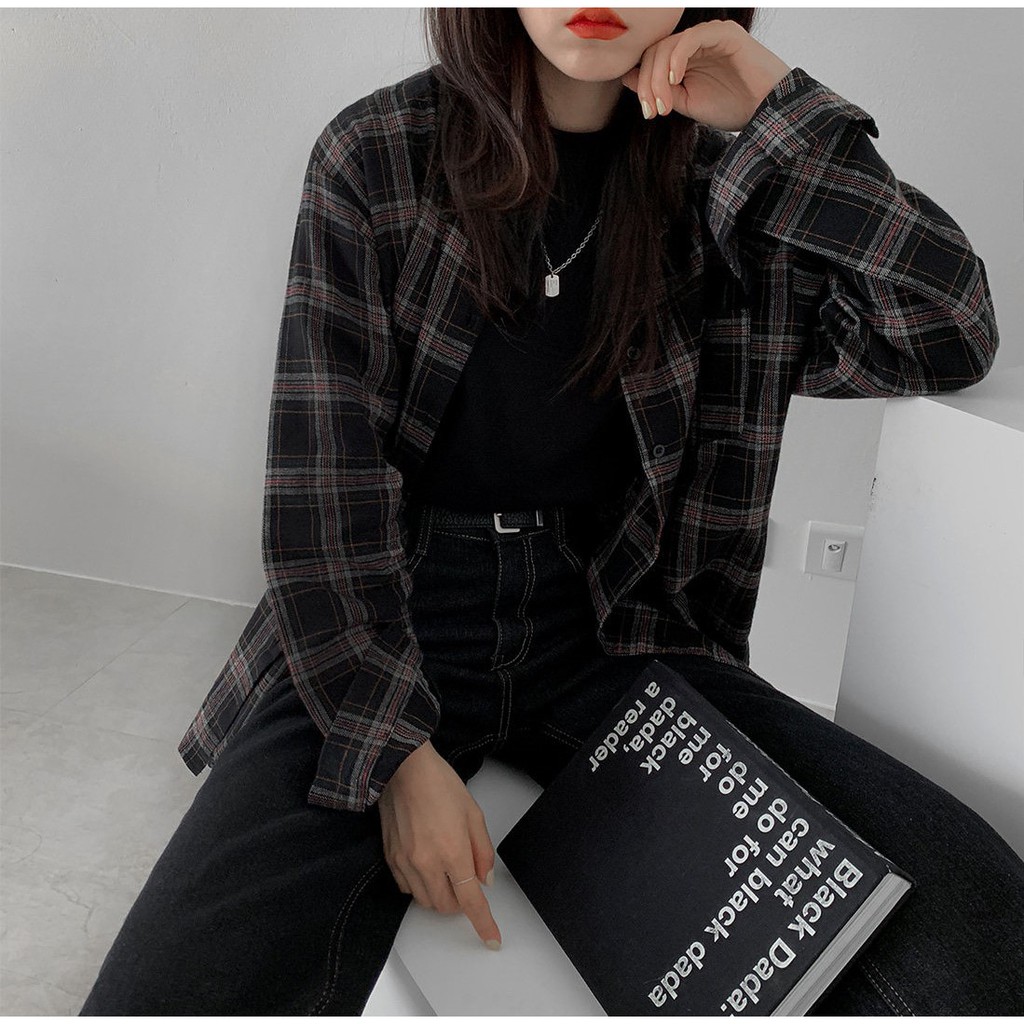 Áo sơ mi họa tiết sọc caro kiểu cổ bé dễ thương cho nữ