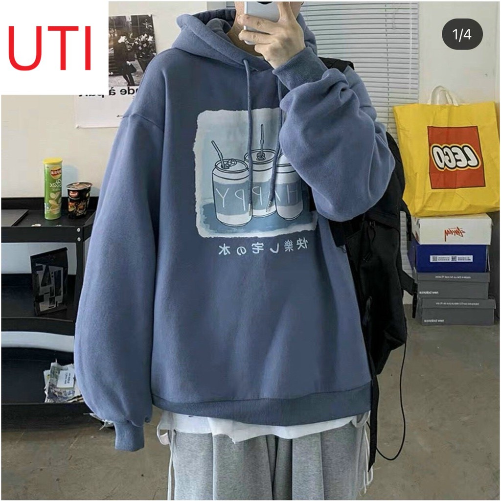 ÁO KHOÁC HOODIE CHUI ĐẦU NỈ NGOẠI NAM NỮ UNISEX FORM RỘNG 3 CHAI HAPPY ĐỦ MÀU XANH, BE CAO CẤP UTI ĐỦ SIZE M, L, XL HOT