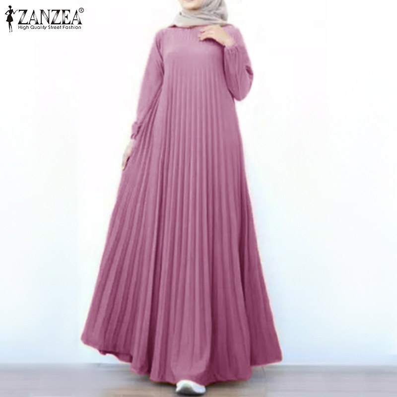 Áo đầm dài maxi ZANZEA cổ tròn xếp ly dáng rộng cơ bản phong cách Hồi giáo dành cho nữ