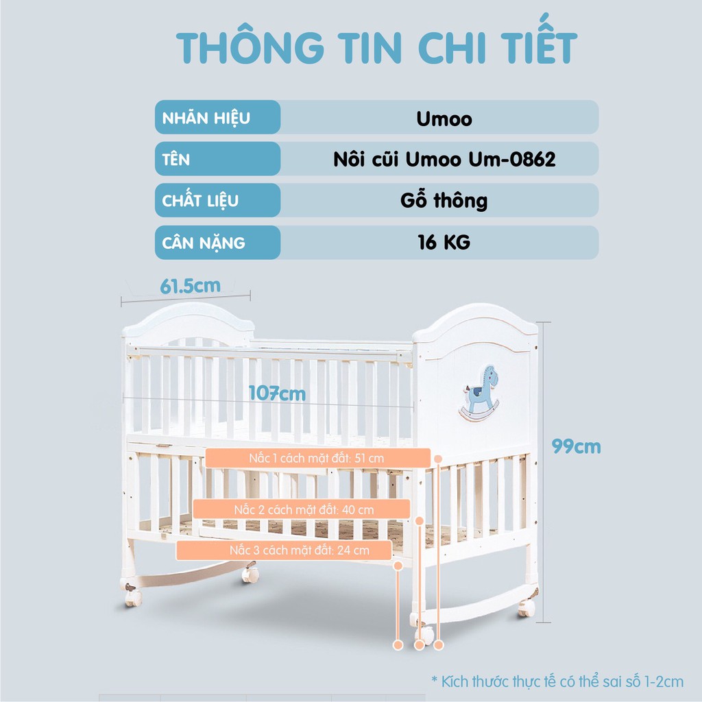 Nôi cũi UMOO 3 chức năng cho bé - Bập bênh - Hạ sàn - Đẩy