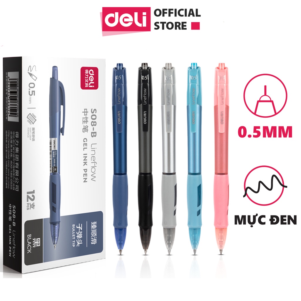 Bút bi nước mực gel bấm 0.5mm Deli - mực đen nhanh khô, viết đều, trơn tru, chất lượng cao - Màu ngẫu nhiên - S08-B