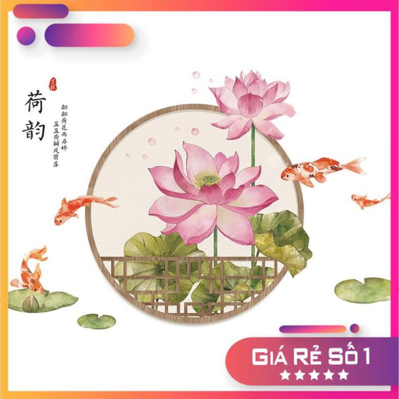[GIÁ SẬP SÀN] Tranh dán tường 3D Hoa sen khung tròn phong cách Trung Hoa, Miếng dán trang trí phòng khổ lớn
