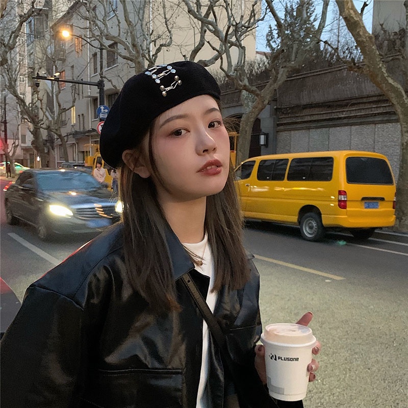 Mũ beret màu đen bằng cotton lanh thời trang phong cách retro Nhật Bản cho nữ