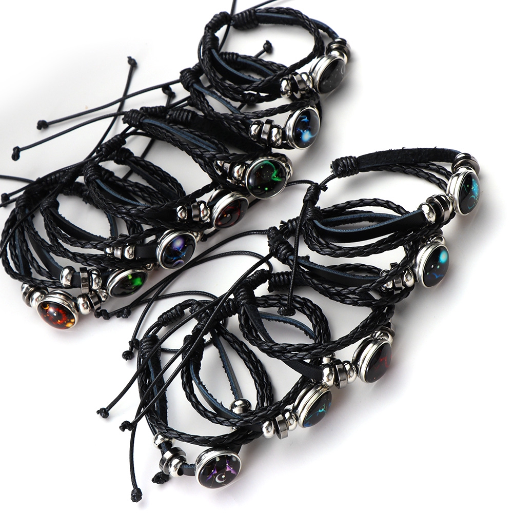 12 Constellation Bracelet Luminous Leather Braided Bangle Adjustable Punk Jewelry For Men Women