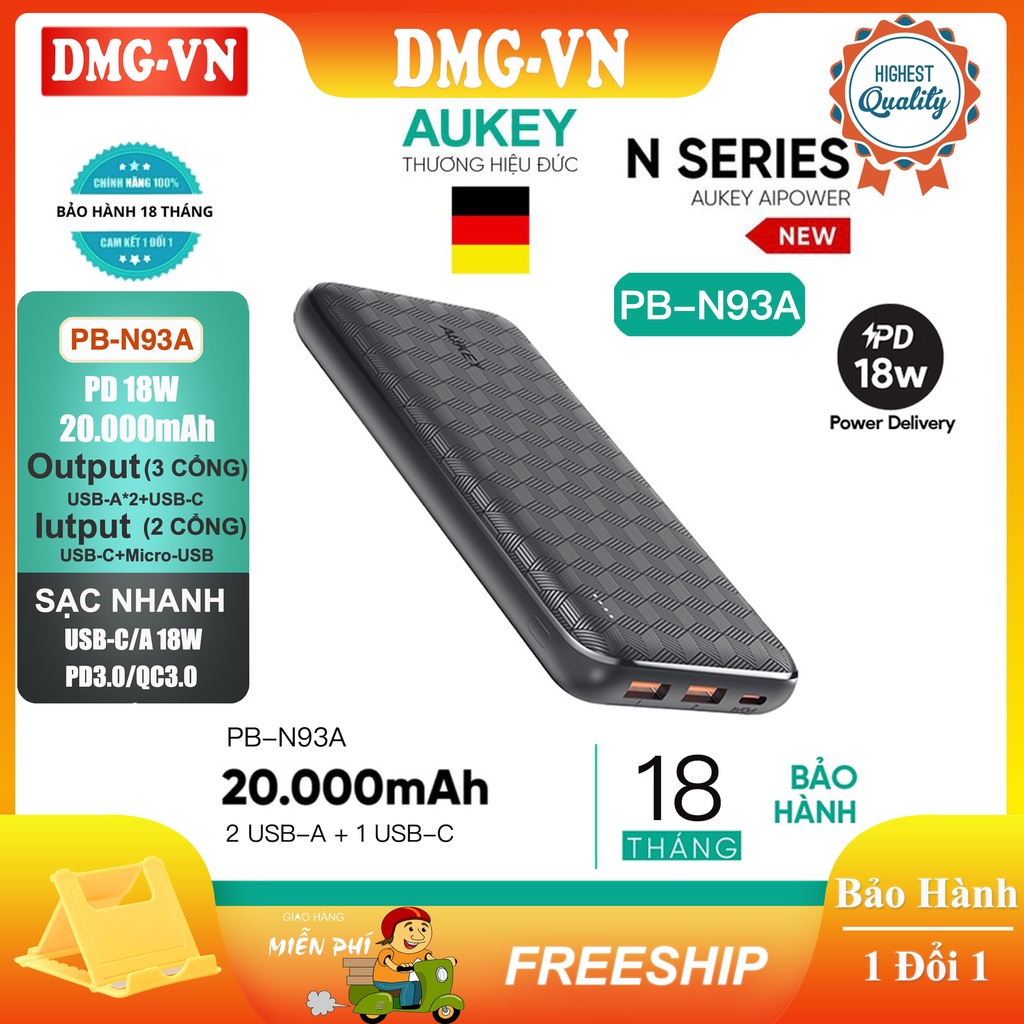 Sạc Dự Phòng Aukey PB-N93A 20000mAh /N73S 10000mAh PD 18W 1C+2A,2 Cổng USB-C Sạc Nhanh PD3.0 18W + USB-A QC 3.0 18W