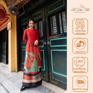Áo Dài Lụa Vân Gỗ Cao Cấp Thiết Kế In Họa Tiết Màu Đỏ Đô,  Áo Dài Việt Cam Kết Chất Lượng Chuẩn Phom Dáng