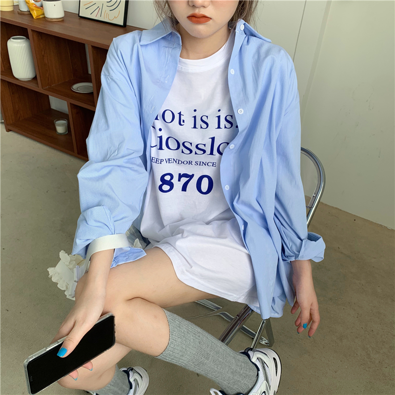 40545 Áo Thun Ngắn Tay Phối Áo Sơ Mi Màu Xanh Dương Dành Cho Nữ Thời Trang Năng Động