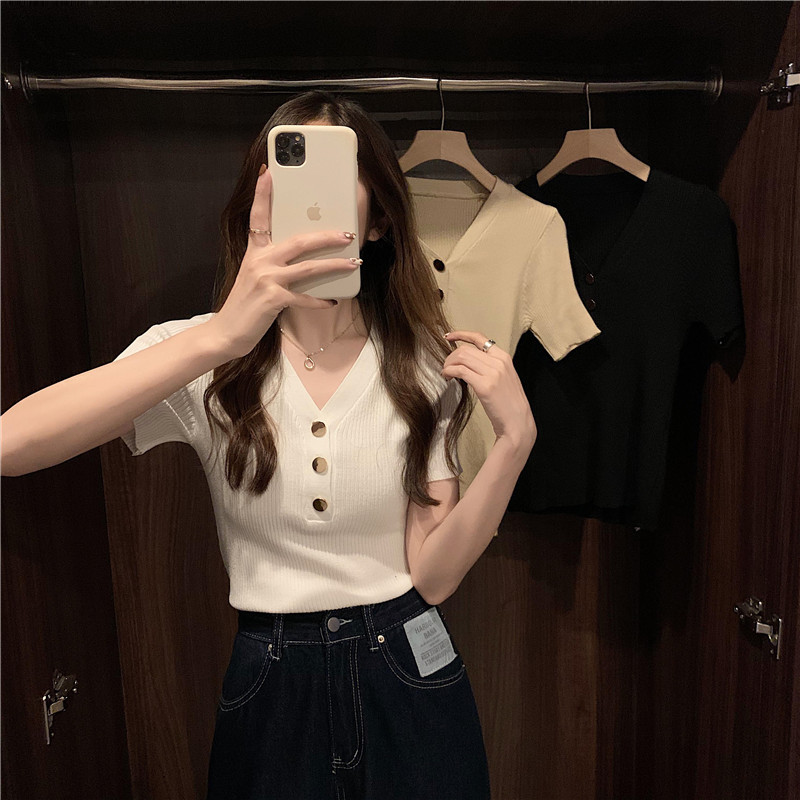 Áo thun dệt kim ngắn tay cổ V thời trang trẻ trung dành cho nữ