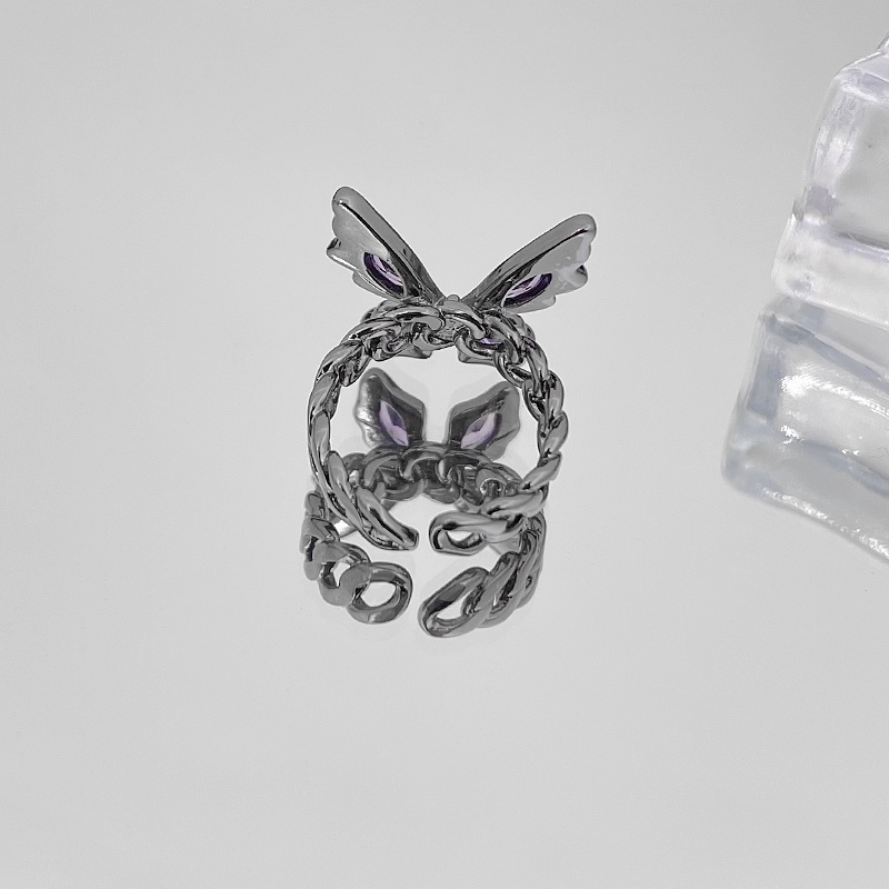 Nhẫn Hình Bướm Màu Đen / Tím Đính Đá Kim Cương Tím Phong Cách punk hip hop Hàn Quốc Có Thể Điều Chỉnh