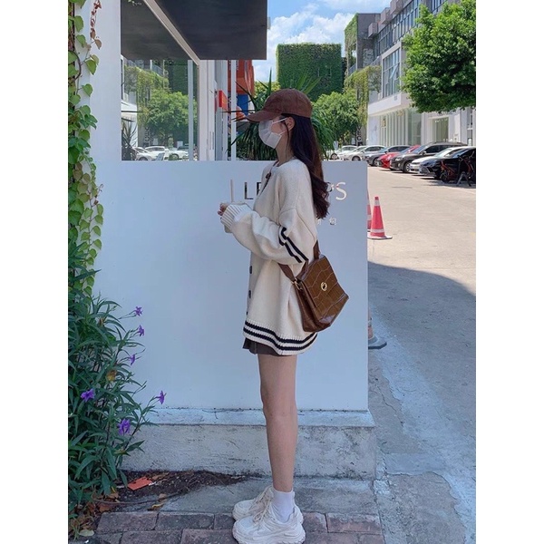 Áo Khoác Cardigan Len Sọc Tay Nữ - Halinh Shop - Cardigan Len Khuy To Hàn Quốc Mặc Thu Đông Size M L