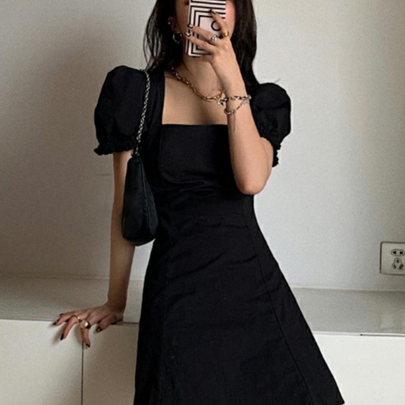 Đầm Cổ Vuông Màu Đen Trơn Phong Cách Hàn Quốc Thời Trang Mùa Hè Cho Nữ