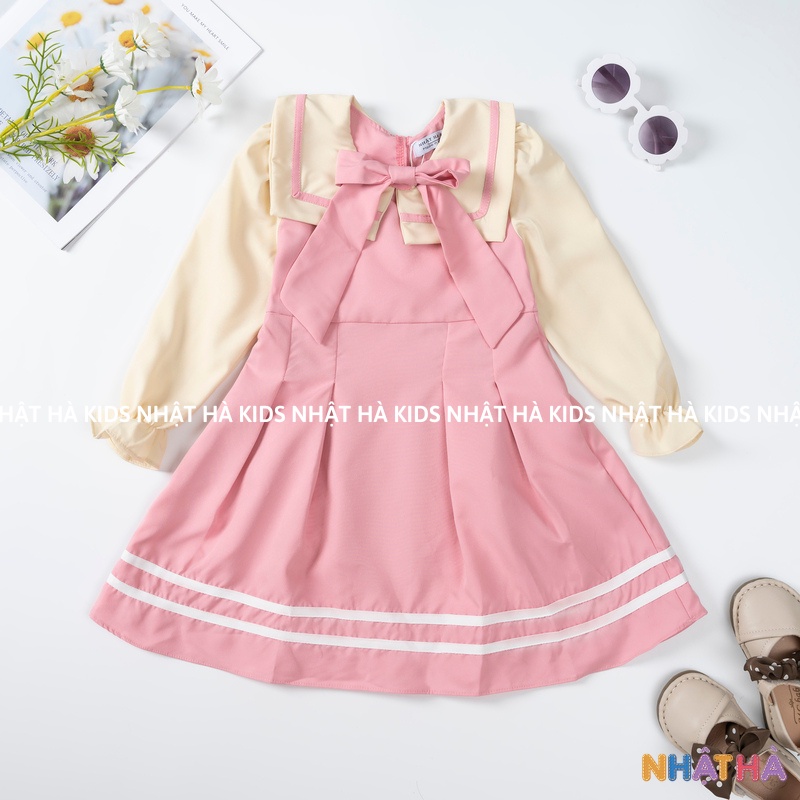 Váy bé gái thu đông NHẬT HÀ cổ thủy thủ kèm nơ xinh xắn dáng tay dài size đại từ 11-45kg