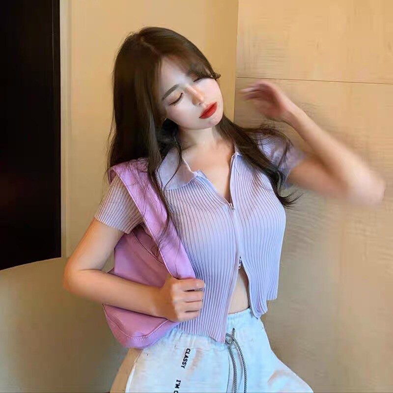 Áo len mỏng cộc tay cổ bẻ 2 khoá