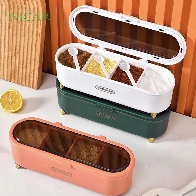 Hộp Đựng Gia Vị Chia 4 Ngăn Kèm Muỗng Cao Cấp Cho Nhà Bếp An Toàn Và Tiện Dụng