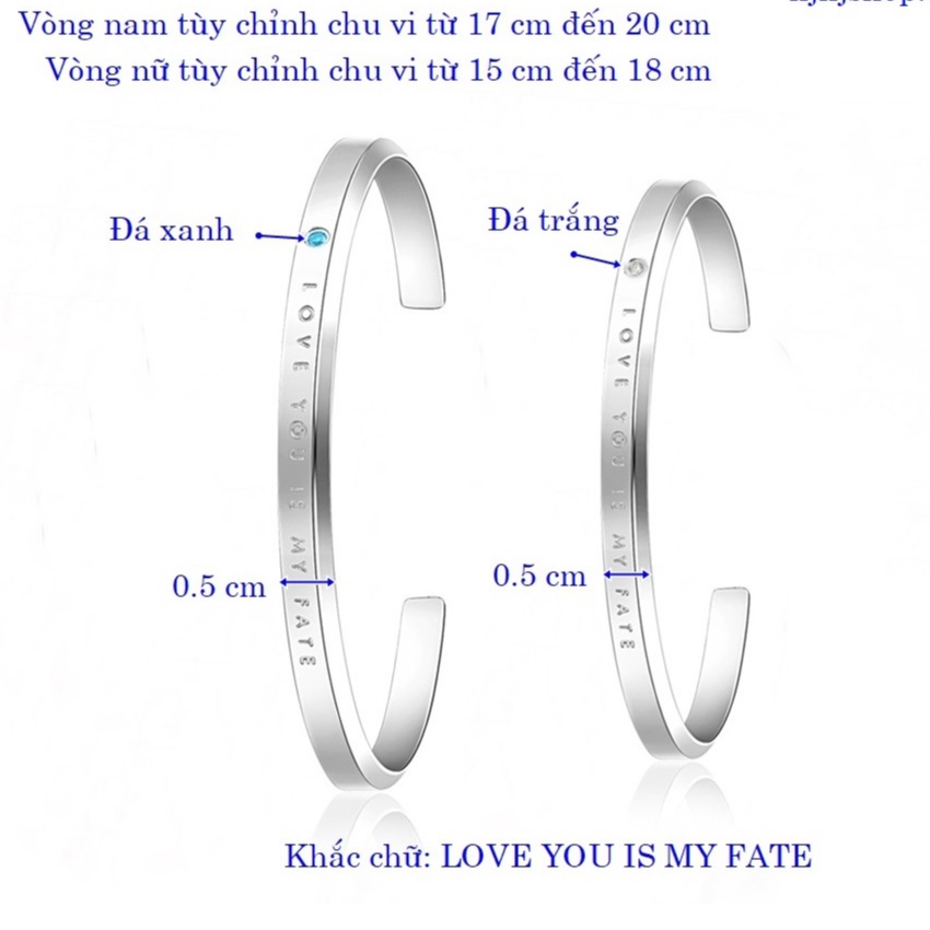 Vòng tay cặp đôi tình yêu, vòng cuff đôi khắc chữ Love You Is My Fate