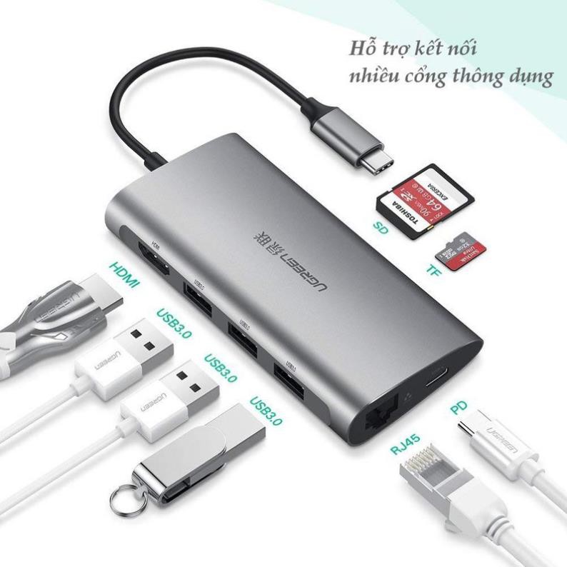 Hub USB Type-C 8 Cổng HDMI/USB 3.0/SD/TF/LAN Gigabit (RJ45) Ugreen 50538 bảo hành 18 tháng