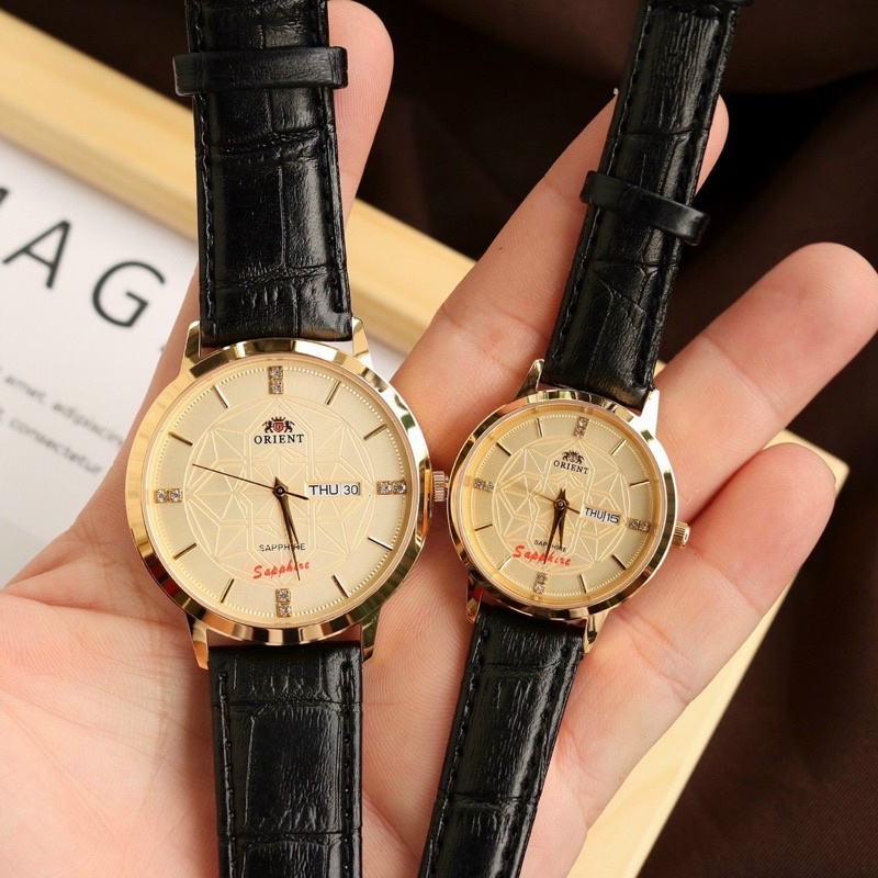 Đồng Hồ Cặp Đôi Nam Nữ orient Kính Sapphire Dây Da , Size 30/40mm