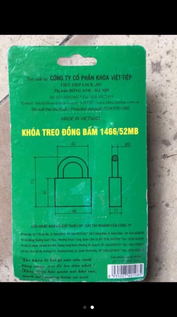 Khoá đồng việt Tiệp 1466/52MB bấm dc