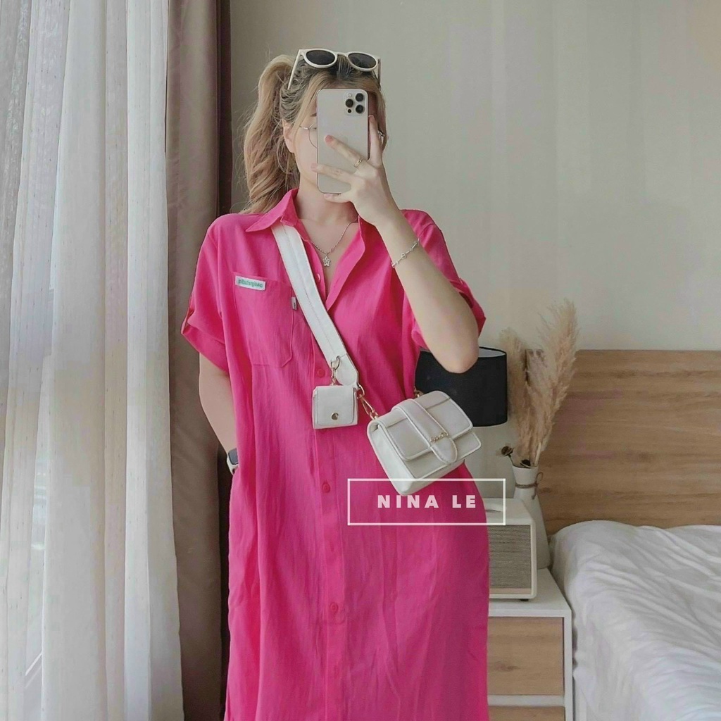 (Sale FreeShip) Đầm sơ mi from suông,đầm nữ tay gập lai có túi sau in hình chuột mickey dễ thương,chất đũi mềm mát