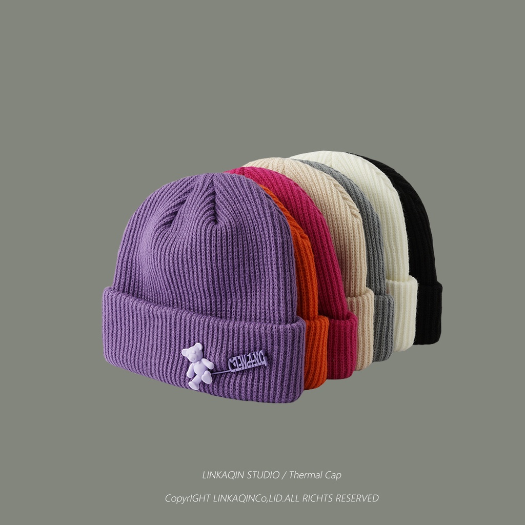 Mũ len họa tiết gấu ghim bên trong phong cách Nhật Bản thời trang thu đông cho nữ