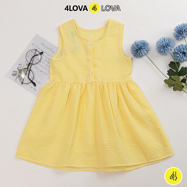 Váy bé gái công chúa sát nách 4LOVA thô cotton thoáng mát, mềm mại, họa tiết kẻ xinh xắn, thoáng mát KID006