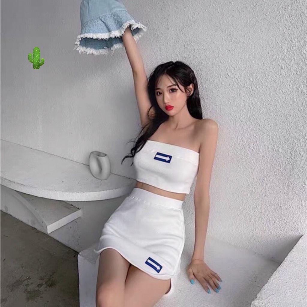 set áo ống in mũi tên kèm chân váy ngắn ôm chất thun đẹp pc