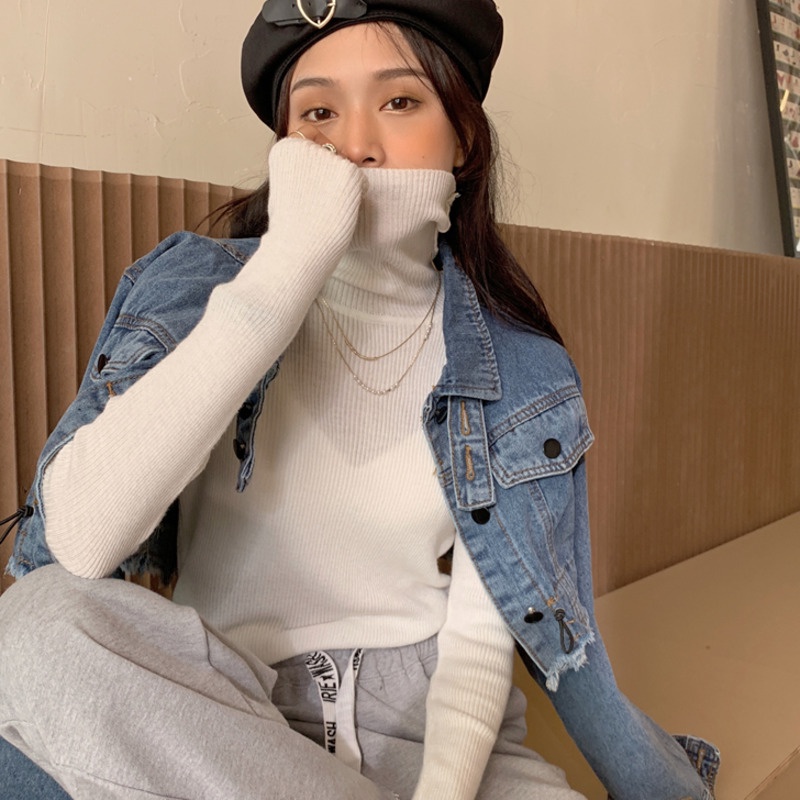 Áo dệt kim cổ cao màu sắc dễ phối đồ