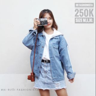 Áo khoác jeans phối sọc kèm nón