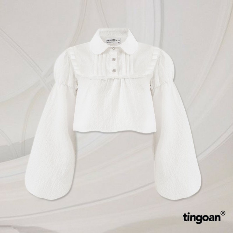 TINGOAN® - Áo somi crop lửng babydoll với chi tiết tay dài bồng 2 nấc trắng tingoan PASTEL MIMI SHIRT/WH