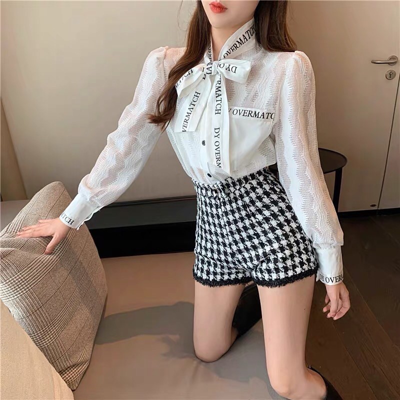 SET ÁO SƠ MI CỔ NƠ CHỮ + QUẦN DẠ KẺ CARO ĐEN