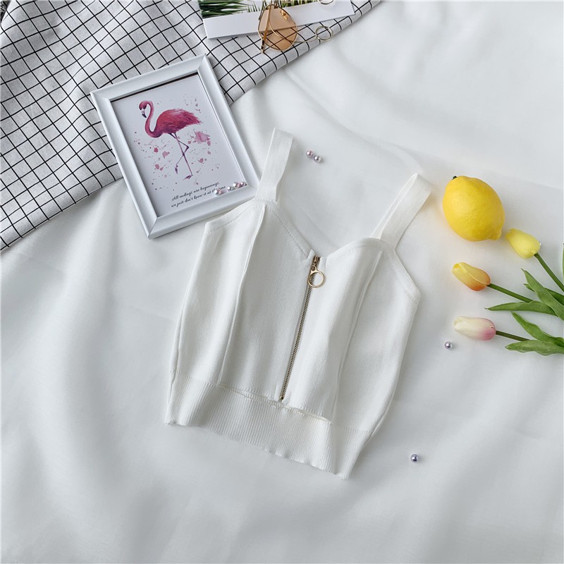 Áo Croptop dệt kim không tay phối khóa kéo | BigBuy360 - bigbuy360.vn