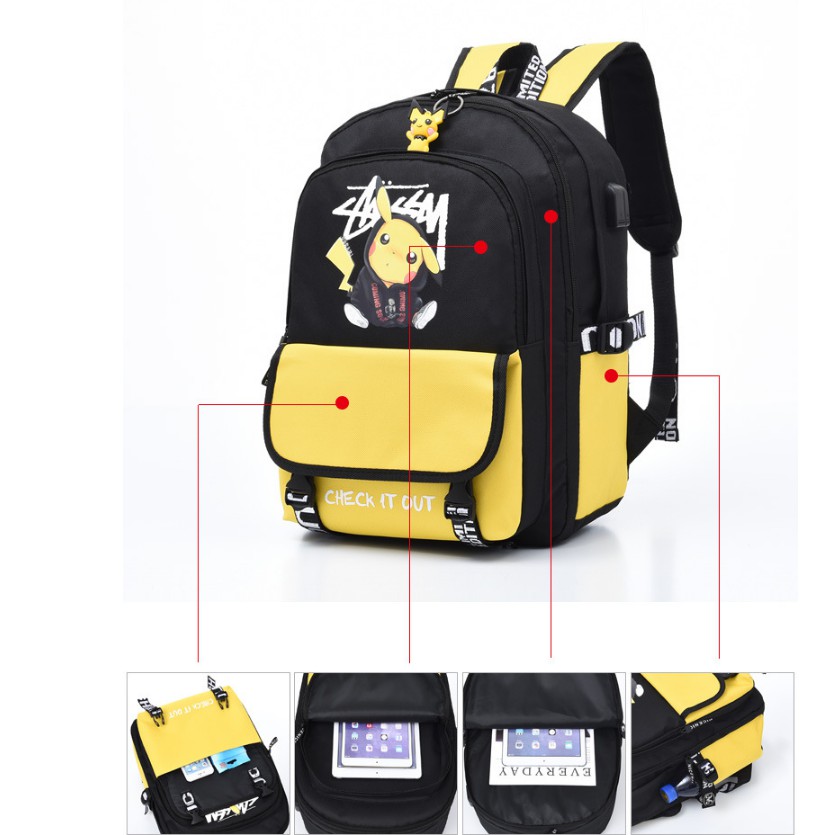 Balo nam nữ đi học thời trang Hót - Balo Pikachu hình dễ thương TẶNG móc khóa PIKACHU, cáp USB, Lỗ cáp tai nghe - BL130