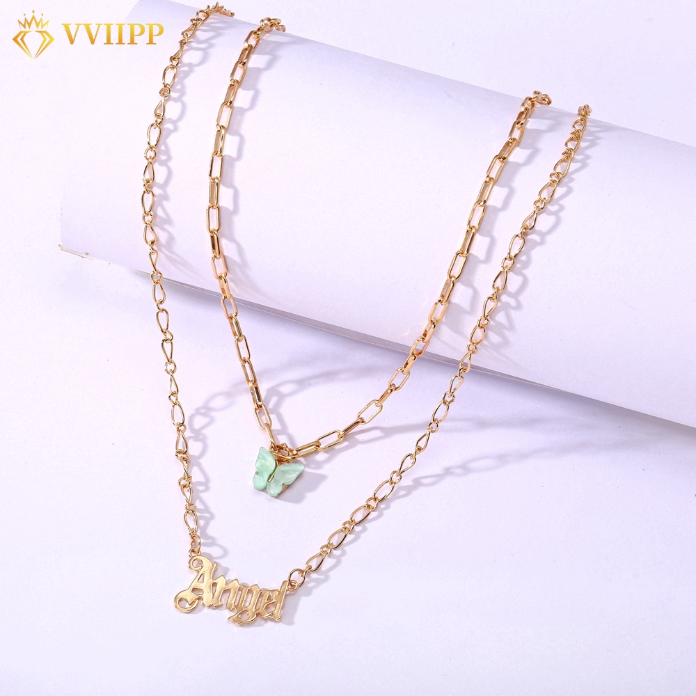 Dây chuyền choker mặt hình chữ ANGEL và hình bướm thời trang màu vàng đồng dành cho bạn nữ và bé gái