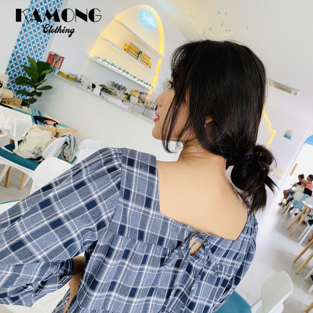 Áo babydoll caro cổ vuông KAMONG