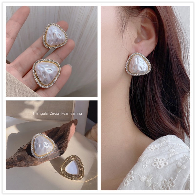 Bông Tai Mạ Bạc 925 Hình Tam Giác Đính Ngọc Trai Đơn Giản Thời Trang Phong Cách Hàn Quốc