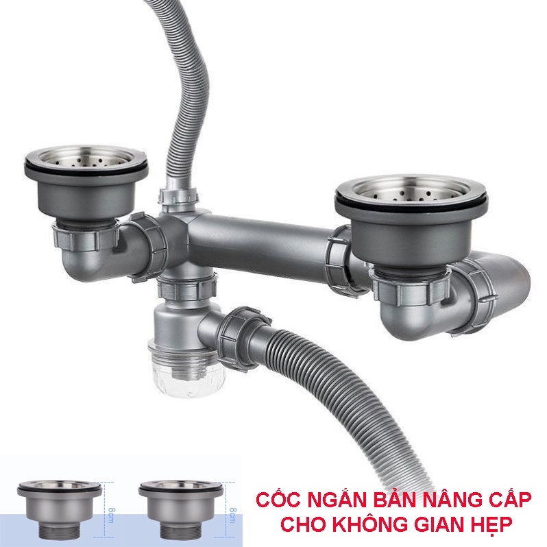 [TẶNG VAN LẮP THẢI RO]Bộ xiphong chậu rửa chén ống cứng to THOÁT NƯỚC NHANH 2 cốc 11cm cốc ngắn tận dụng diện tích