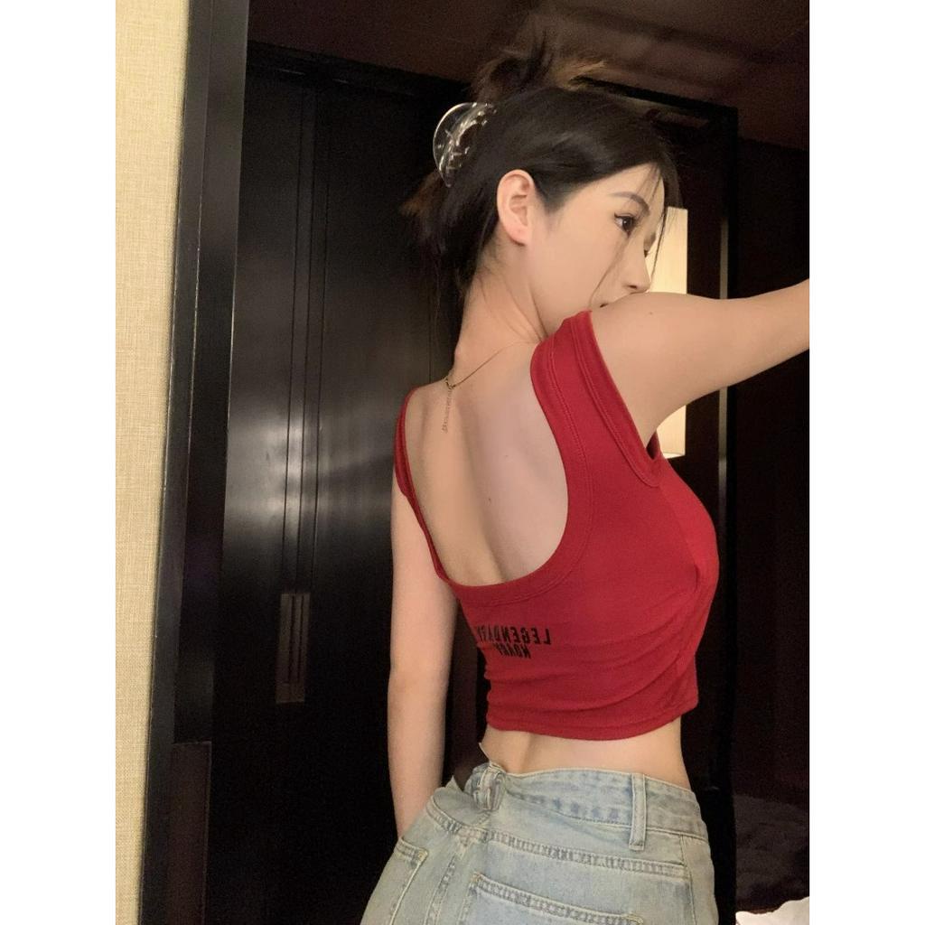 Áo Croptop Cổ Tròn Hở Lưng Dáng Ôm In Chữ Thời Trang Mùa Hè Dành Cho Nữ