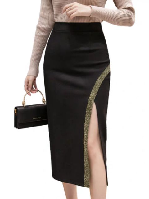 Chân váy đen xẻ phối nhũ