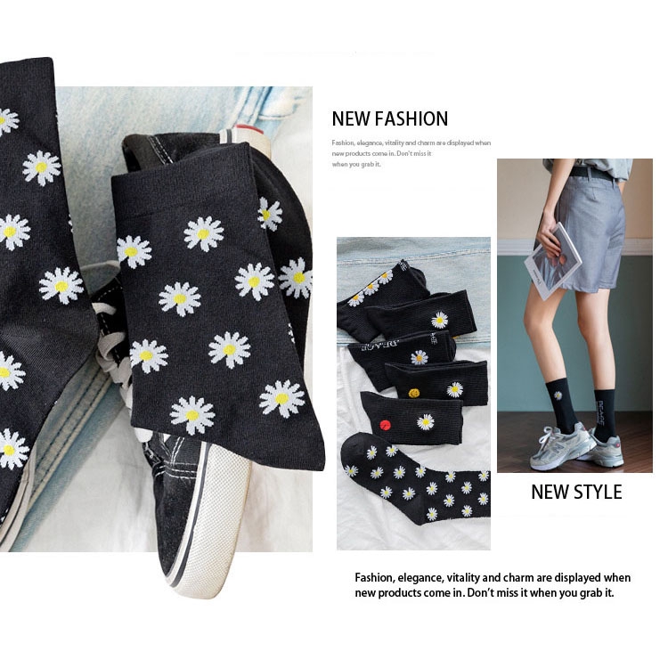 img Ins Retro Style Women Crew Socks New Trend Daisy Flowers Print Black Couple Socks High Quality Fashion Cotton Novelty Socks