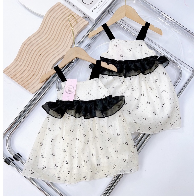 Váy cho bé gái 2 dây voan mềm chấm bi đính nơ trước ngực cao cấp 2 lớp 8-20kg