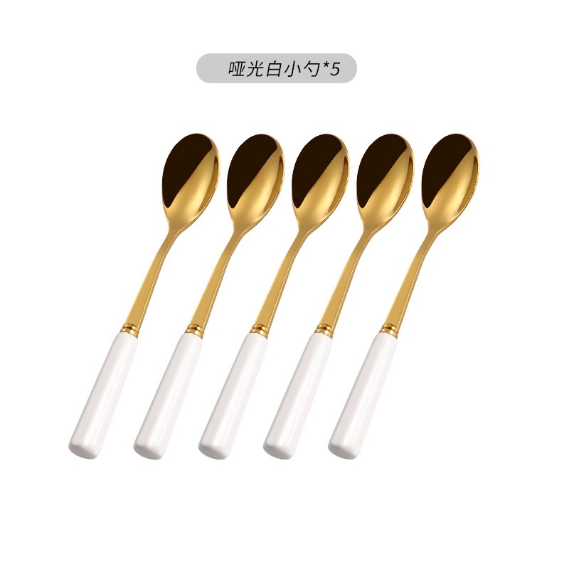 Combo 6 Thìa 6 Nĩa inox hoàng kim cán sứ kèm cốc sứ đựng kẻ vàng kim cao cấp | Hũ sứ xanh trắng kẻ vàng kèm thìa nĩa sứ