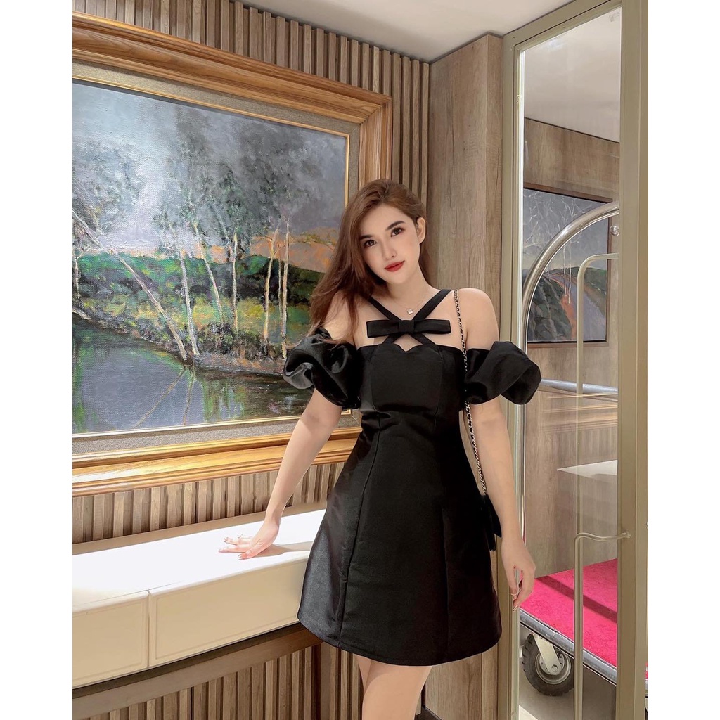 Đầm/ Váy Cúp Ngực Cổ Nơ Tay Bồng 2 Màu Đen/ Trắng